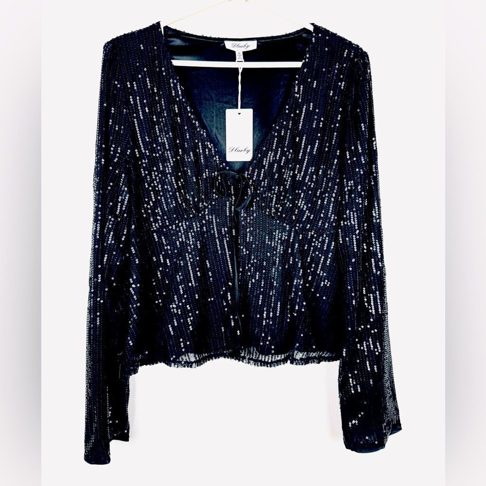 Women’s LinedTie Front Long Sleeve Sequin Cardigan Top Black XL NWT